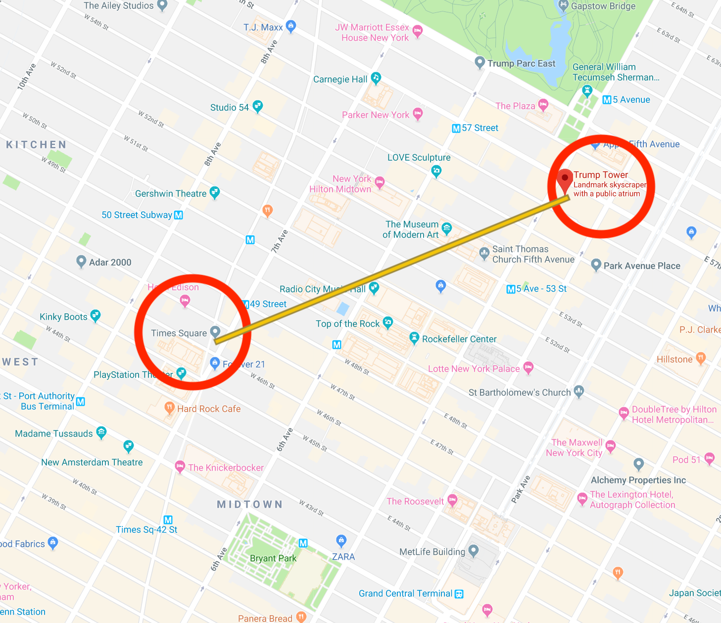 A map of New York city with Trump Towers and Time Square circled in red.