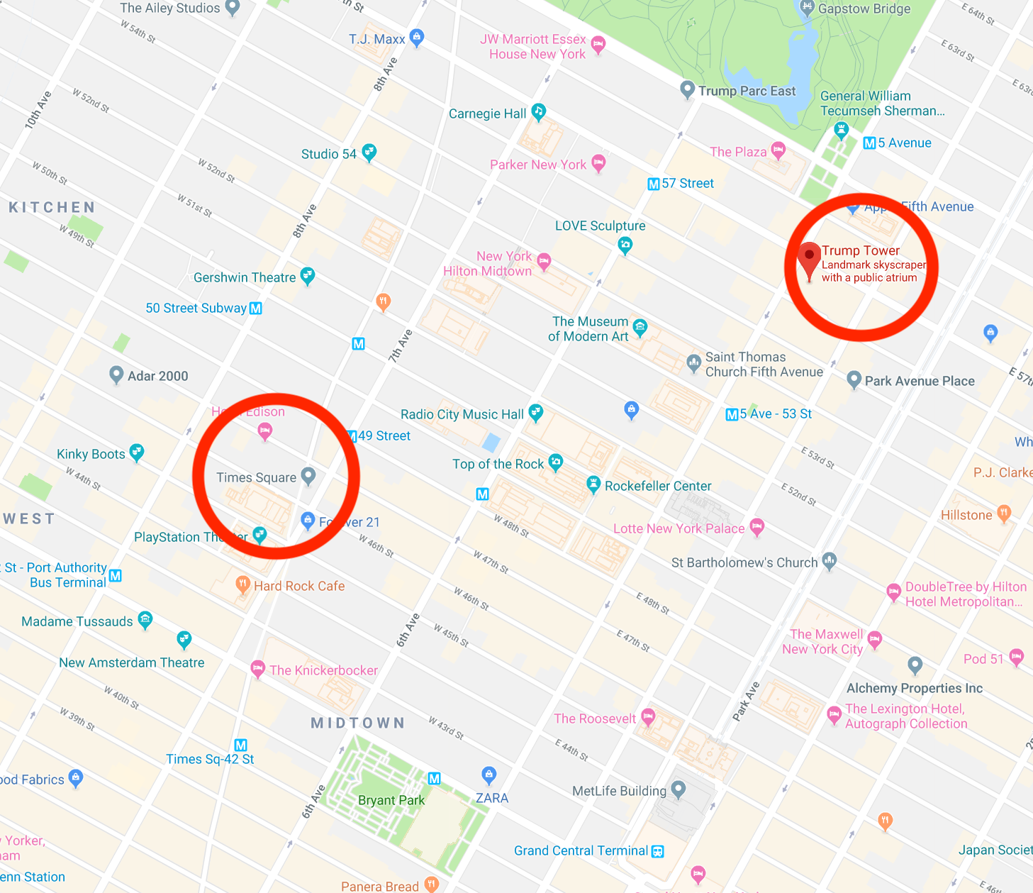 A map of New York city with Trump Towers and Time Square circled in red.
